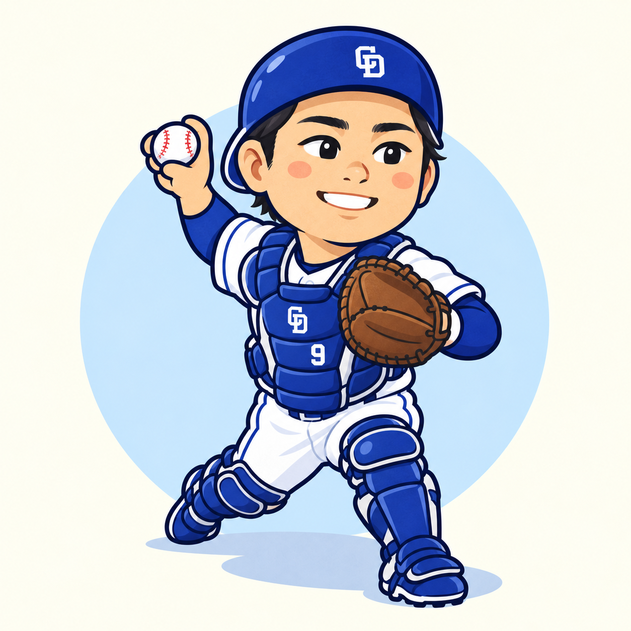 捕手防具を着けて右手で送球する石伊雄太のデフォルメイラスト