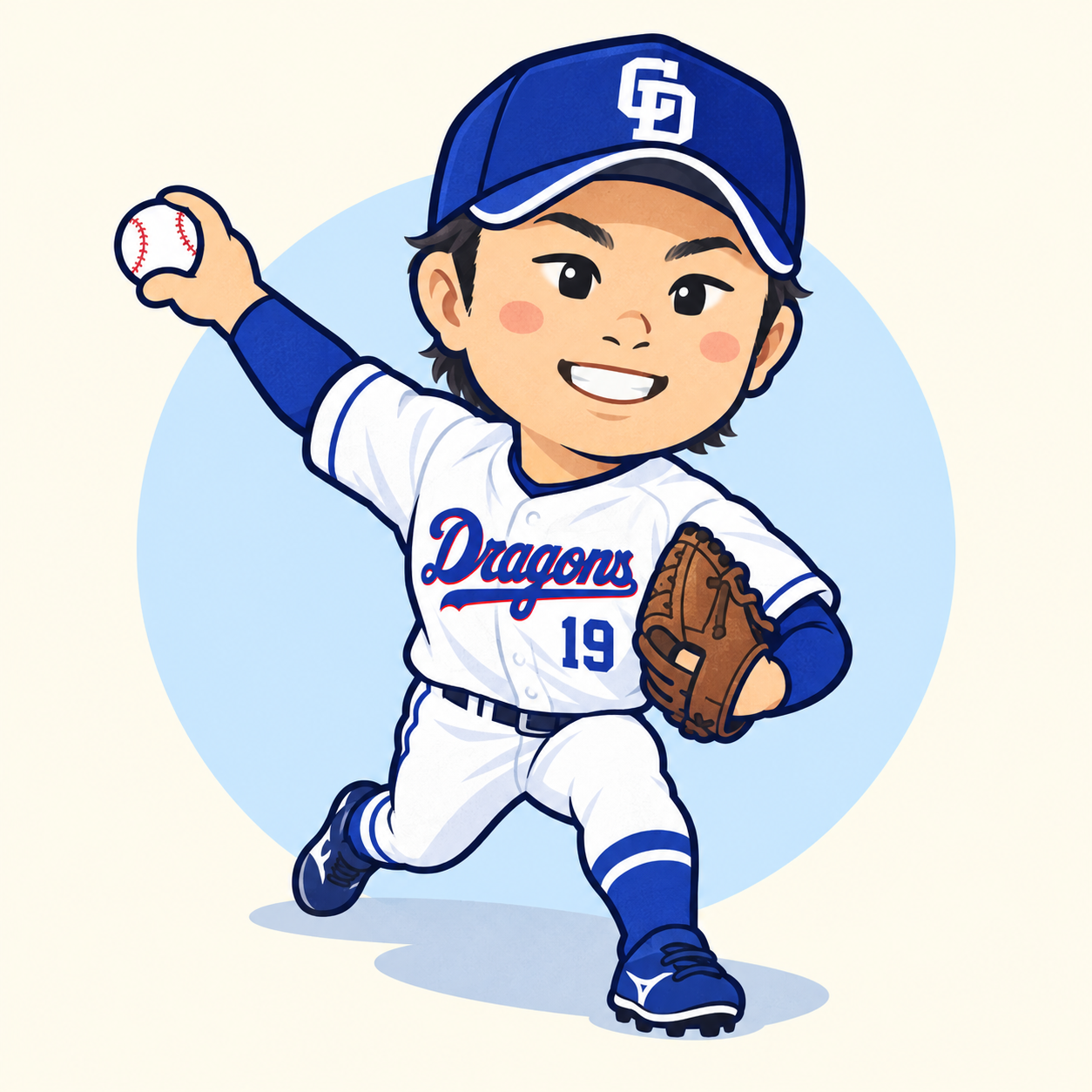 右投げのスリークォーターで投球する髙橋宏斗のデフォルメイラスト