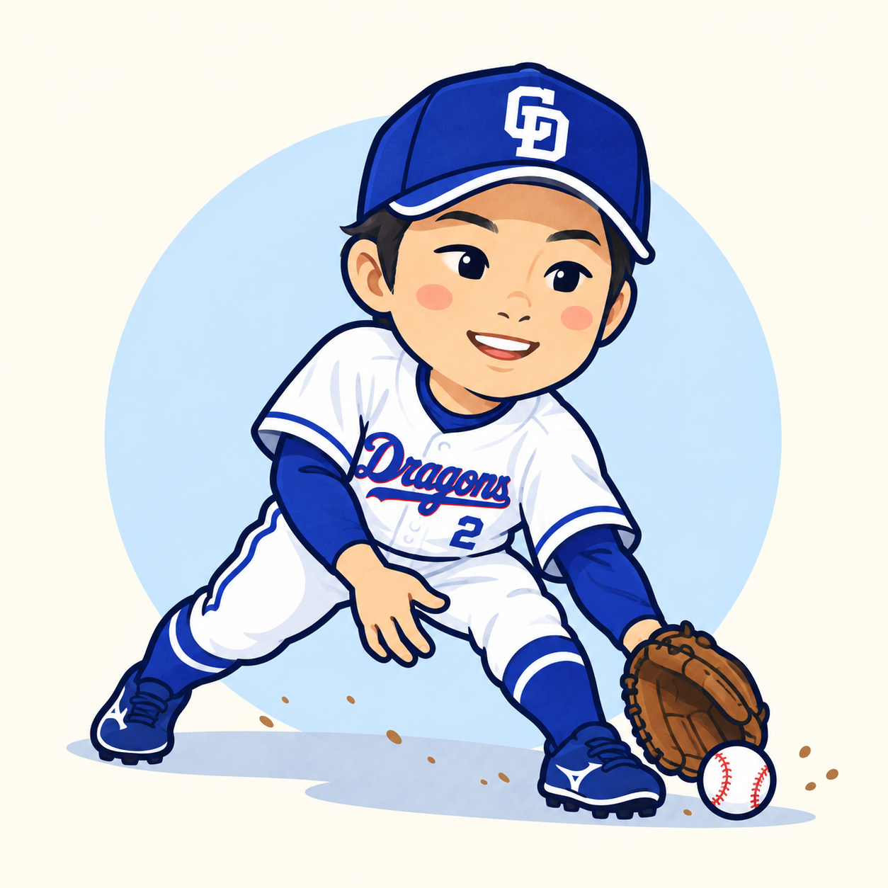 左手のグラブでゴロを捕球する田中幹也のデフォルメイラスト