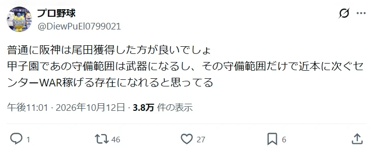 阪神の尾田獲得と甲子園の守備範囲について述べたSNS投稿のスクリーンショット。