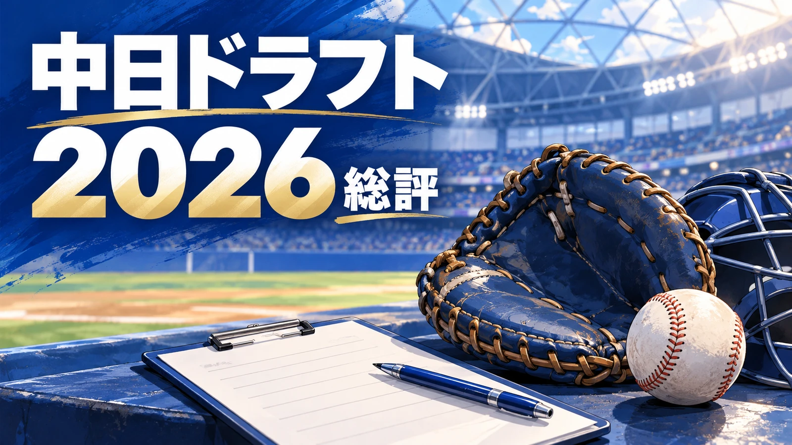 中日ドラフト2026総評。青いドーム球場を背景に、捕手用ミット、野球ボール、指名リストを描いたイラスト