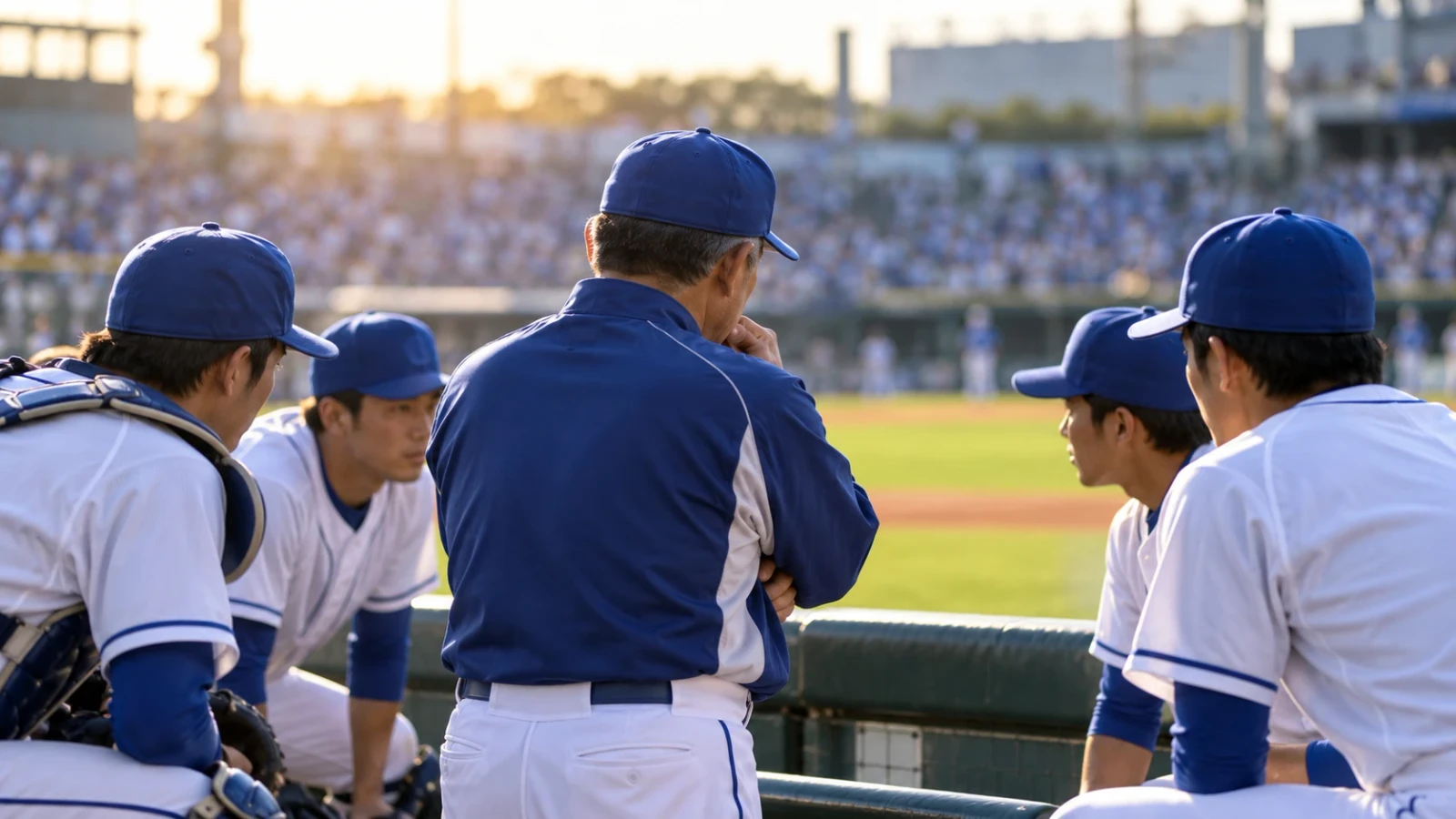 青い帽子の野球選手たちがベンチで指導者を囲み、グラウンドを見つめている