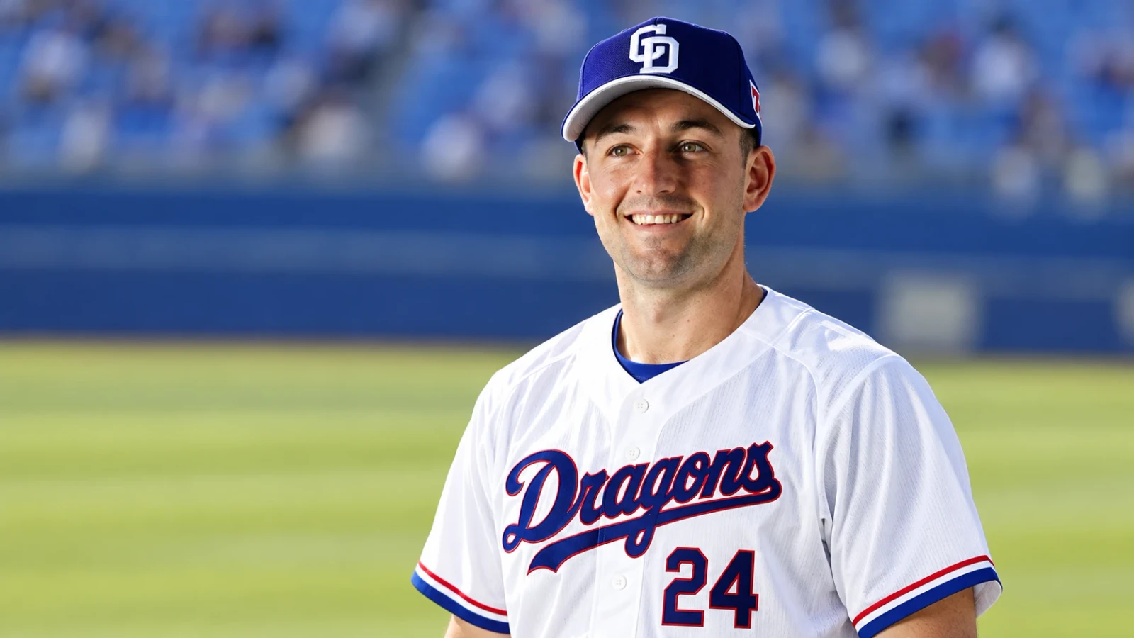 白い野球ユニフォームと青い帽子の選手が、球場で笑顔を見せている