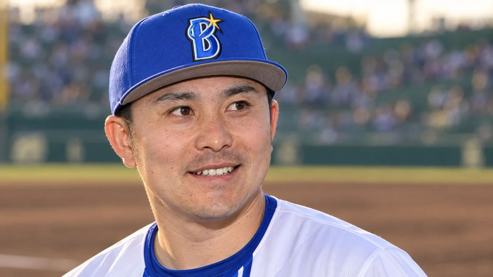 青い野球帽と白いユニフォーム姿の男性が、球場を背景に笑顔を見せる