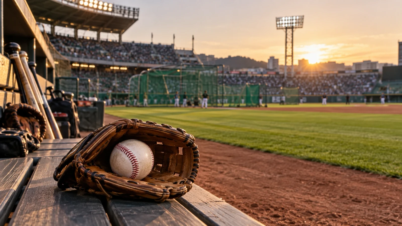 夕日に照らされた野球場。ベンチのグラブとボールの向こうに、選手たちの姿が見える