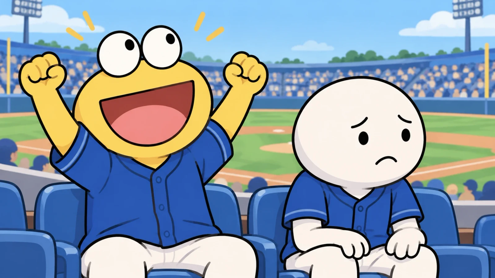 球場の青い座席で、両手を上げて喜ぶ黄色いキャラクターと、悲しげに座る白いキャラクター