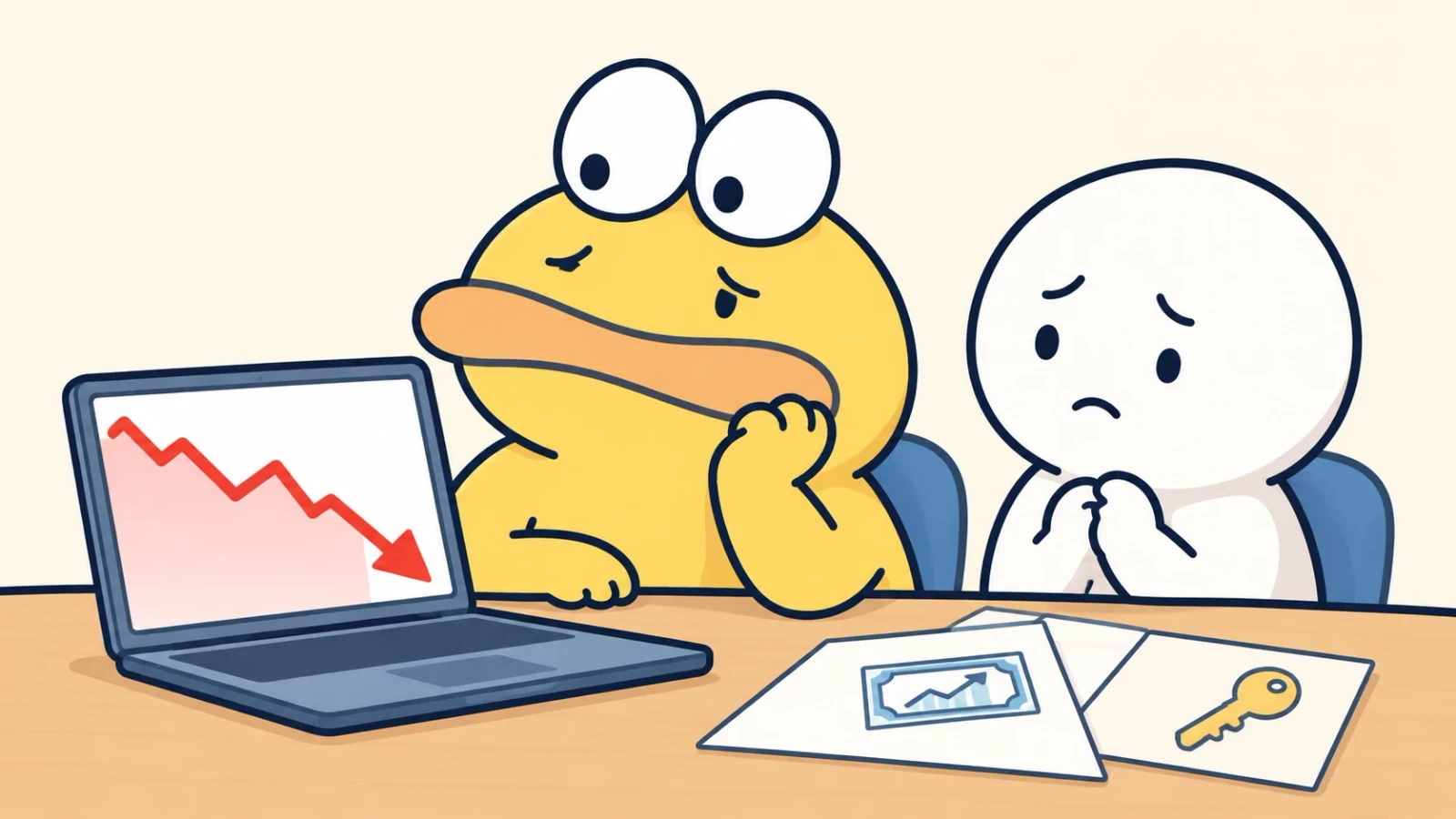 下落グラフのノートPCを前に、黄色いキャラクターと白い人形が不安そうに座るイラスト