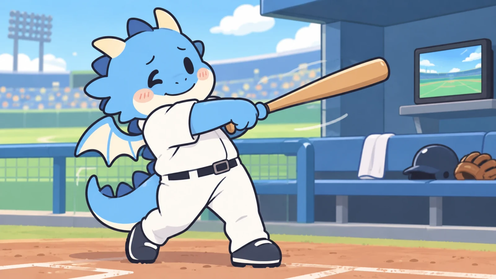 球場で白いユニフォームを着た青い竜がバットを振るイラスト