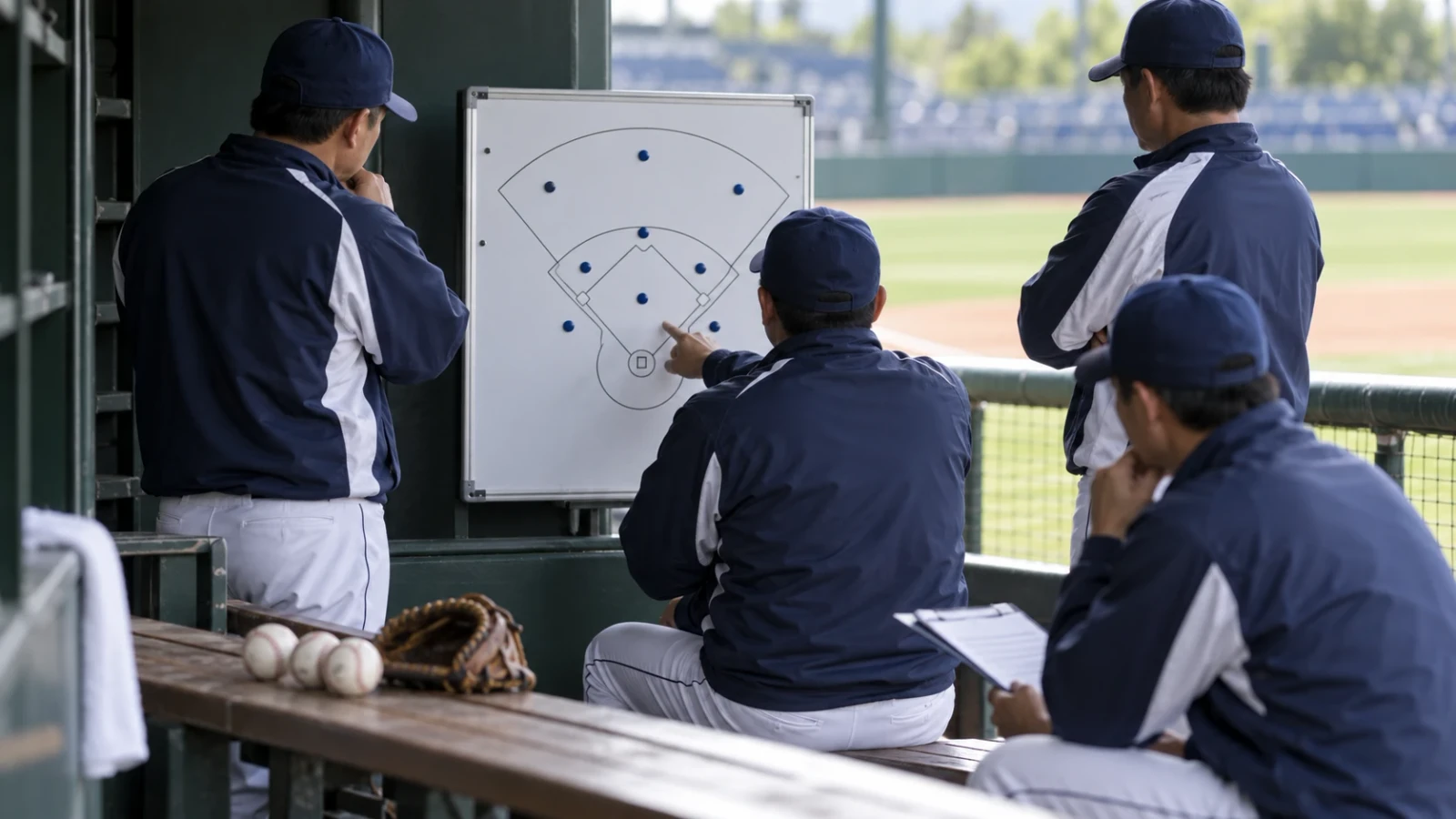球場のベンチで作戦ボードを指し示す野球関係者たち