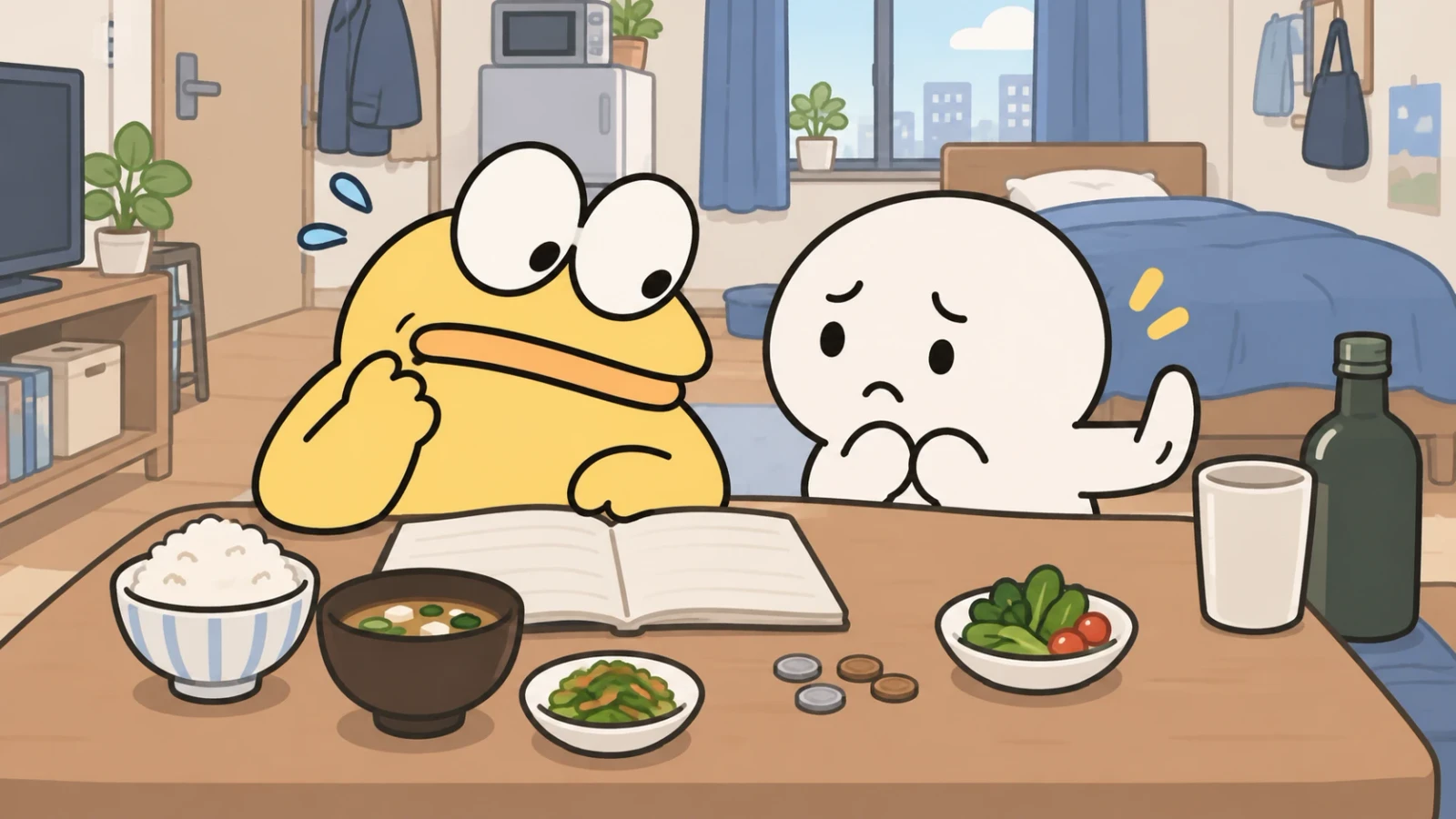 食卓でノートを広げ、黄色いキャラクターと不安そうな白いキャラクターが悩むイラスト