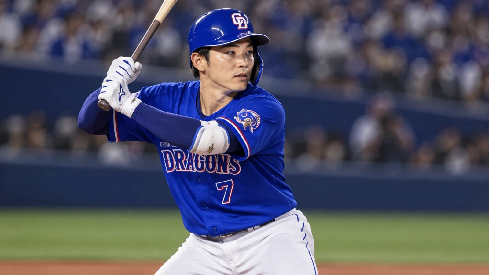 青いユニホームの野球選手が球場でバットを構えている