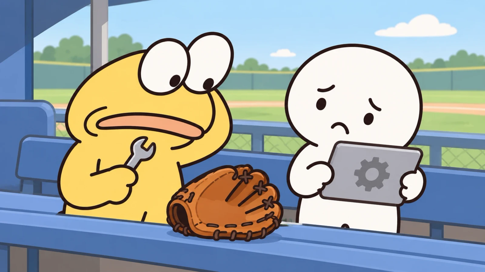 球場のベンチで、工具を持つ黄色いキャラクターと歯車のタブレットを見る白いキャラクター。手前には野球グローブが置かれている。