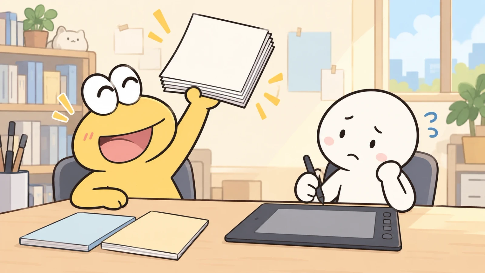 原稿の束を掲げる黄色いキャラクターと、タブレットに向かう白いキャラクターのイラスト