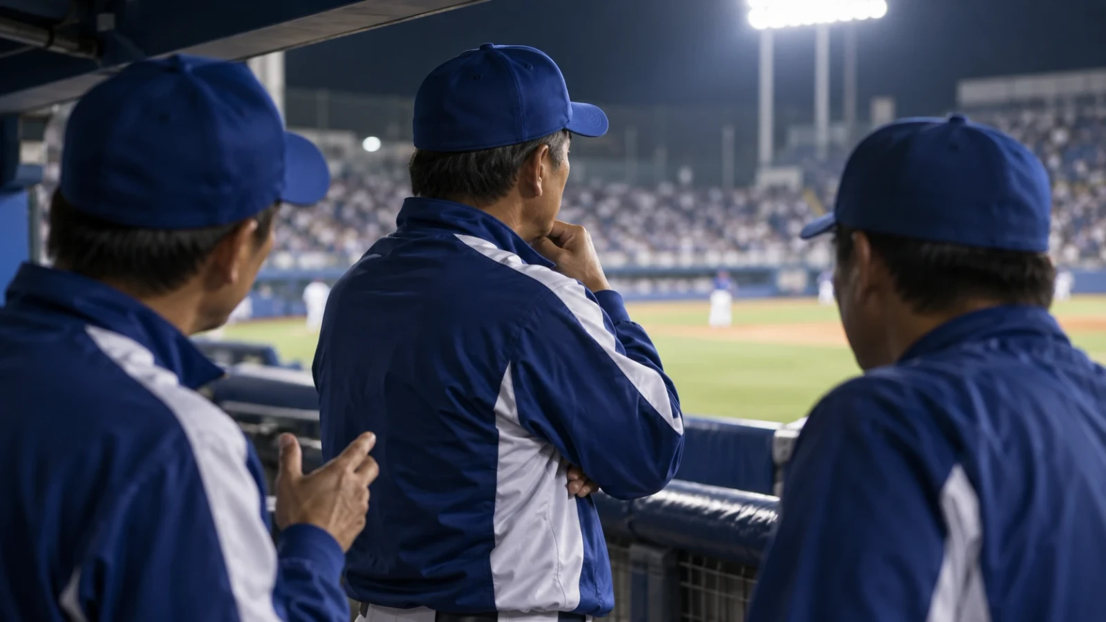 青いユニフォーム姿の3人が照明に照らされた野球場を見つめている
