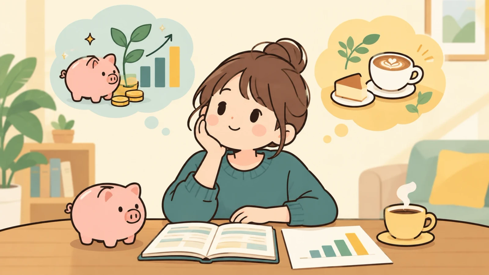 女性が貯金箱や家計簿、グラフを前に頬杖をついて考えるイラスト
