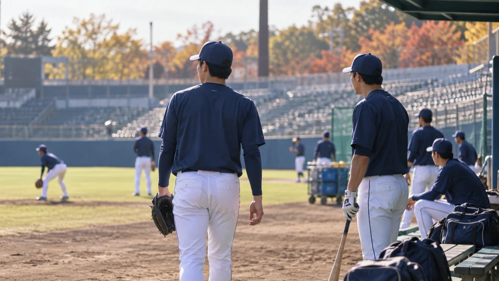秋の球場で、紺色の練習着を着た野球選手たちが練習する様子