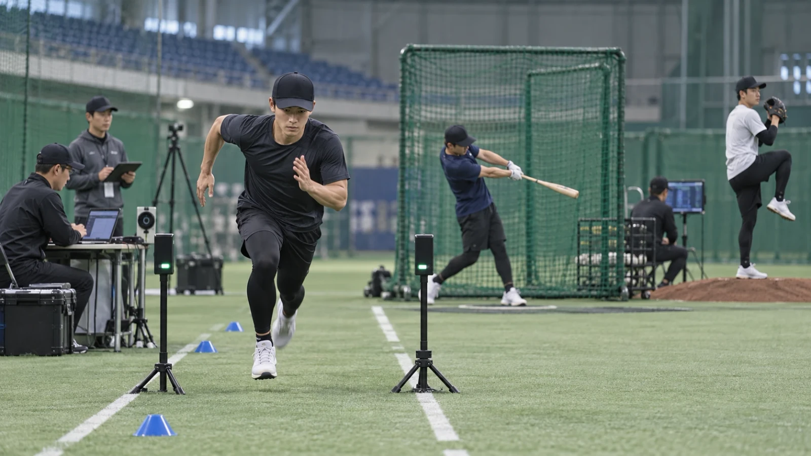 屋内練習場で走力テストに取り組む野球選手と、奥で打撃や投球練習をする選手たち