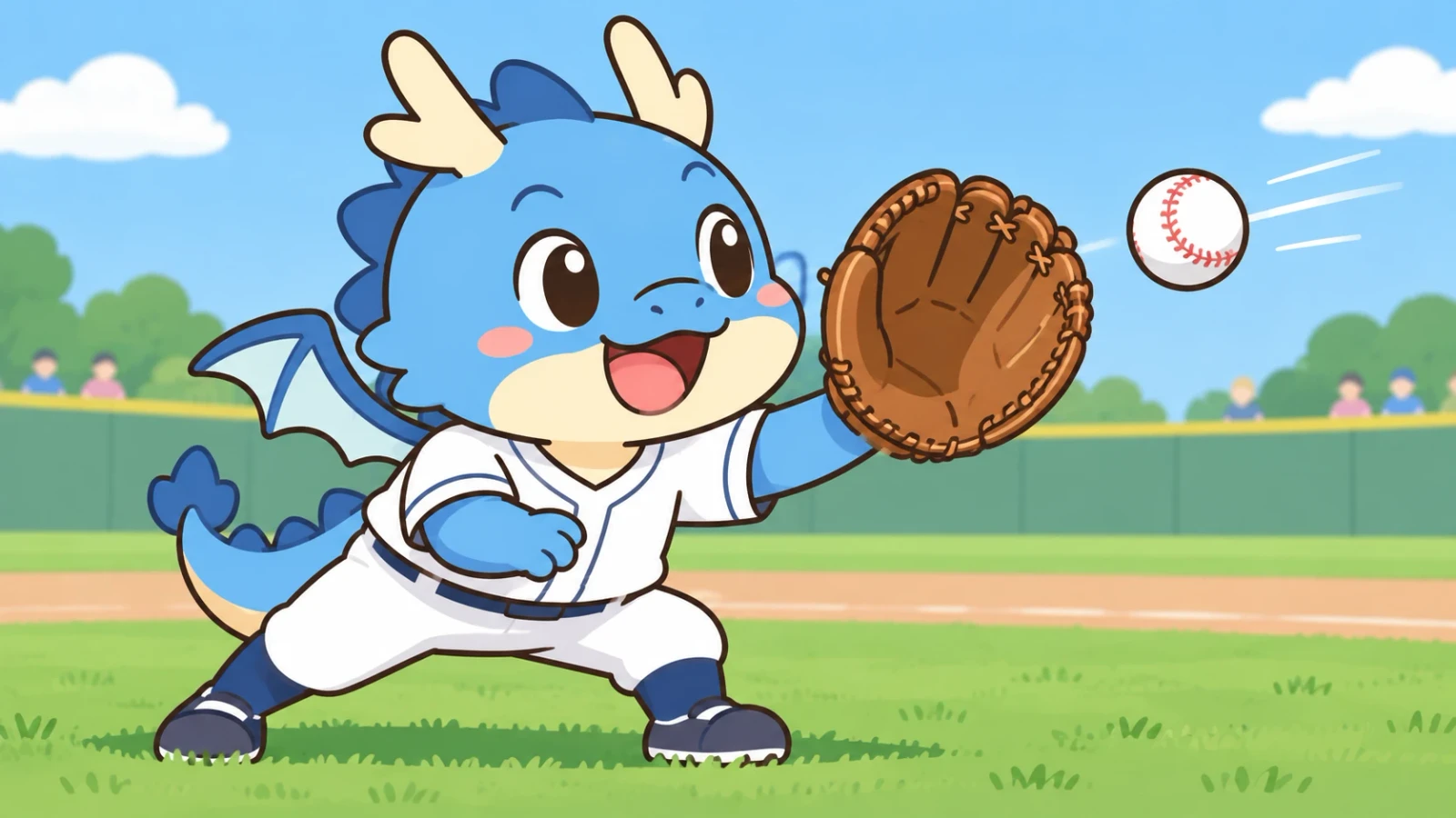 野球場で青い竜のマスコットがグローブを構え、飛んでくるボールを受けようとしているイラスト