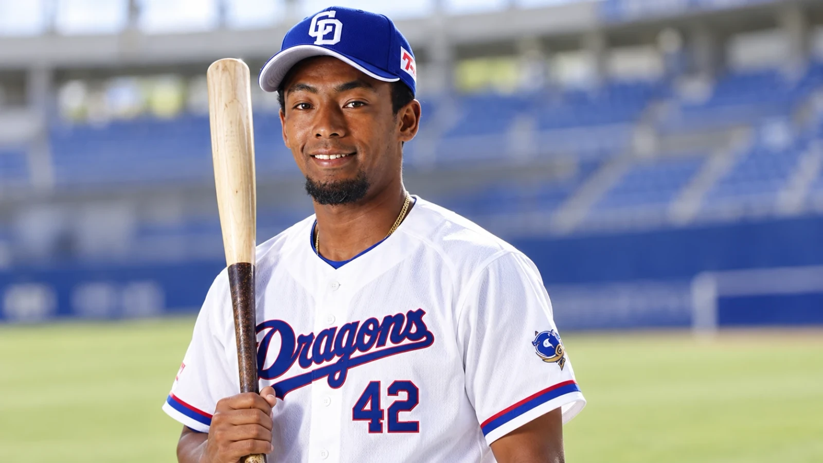 白い野球ユニフォームと青い帽子を着た選手が、球場でバットを手に笑顔で立っている。