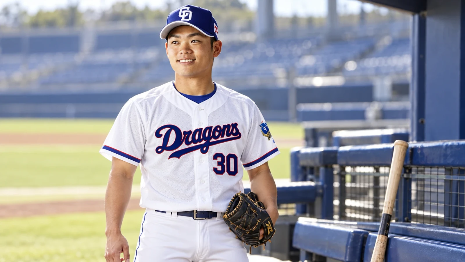 白い野球ユニフォーム姿の選手がグローブを手に、ベンチ前に立っている