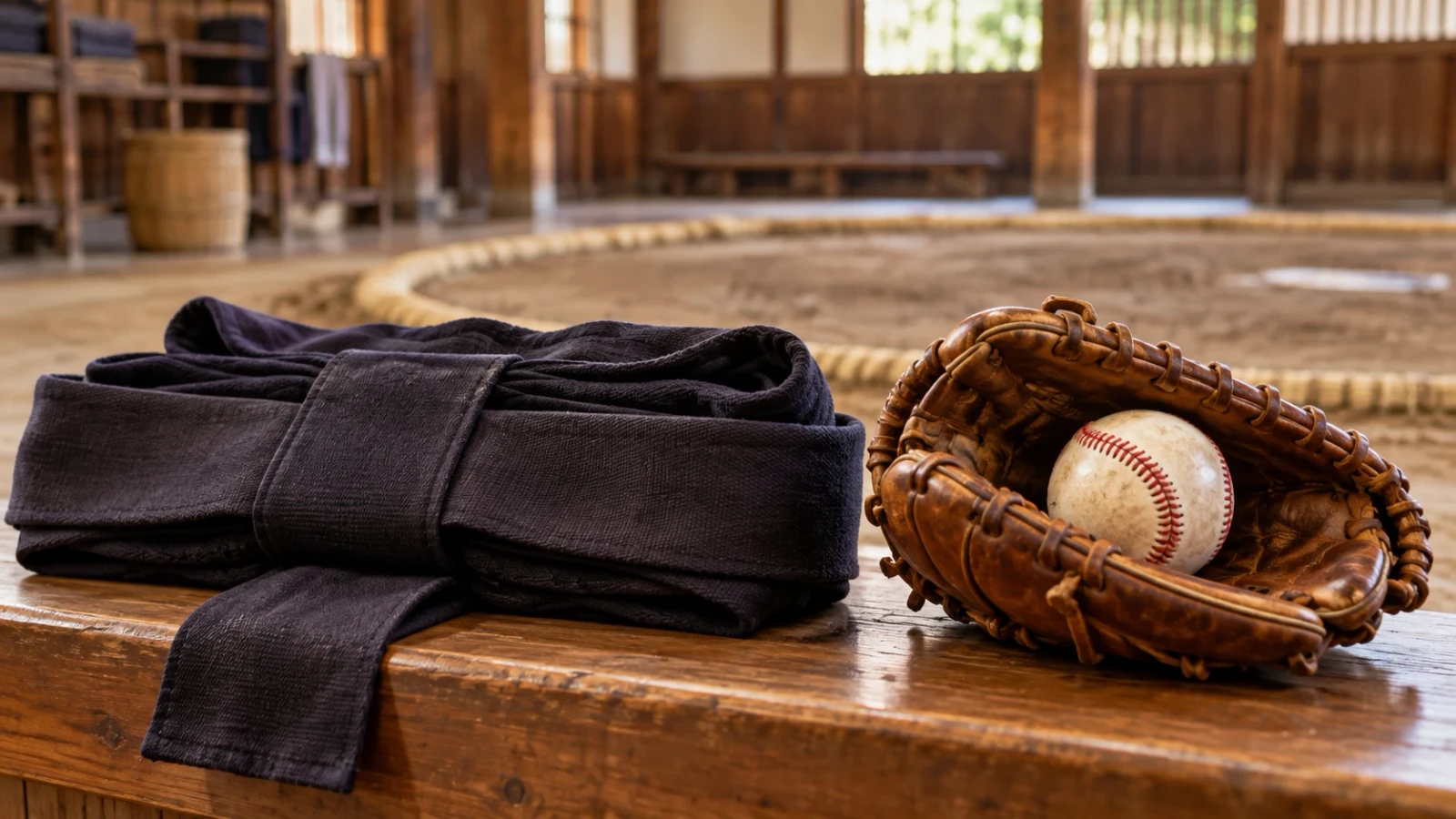 土俵を背景に、黒い稽古着と野球ボールを入れたグローブが並ぶ
