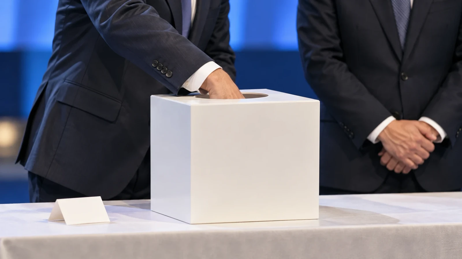 スーツ姿の人物が壇上で白い抽選箱に手を入れ、隣の人物が見守る