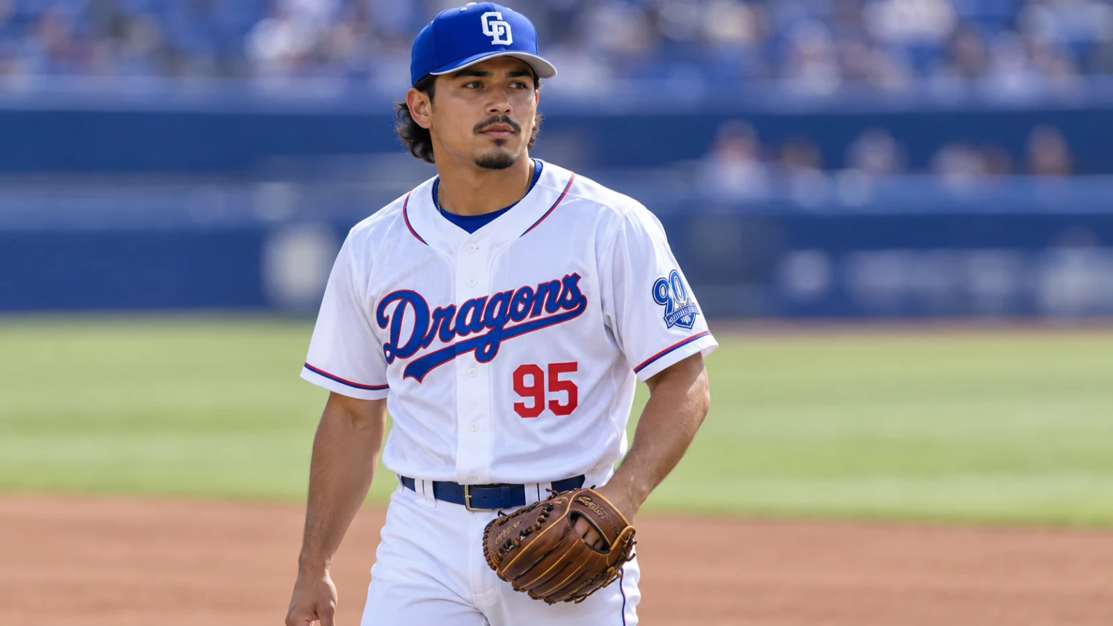 球場のグラウンドで、白いユニフォームと青い帽子の選手がグラブを持って立っている。