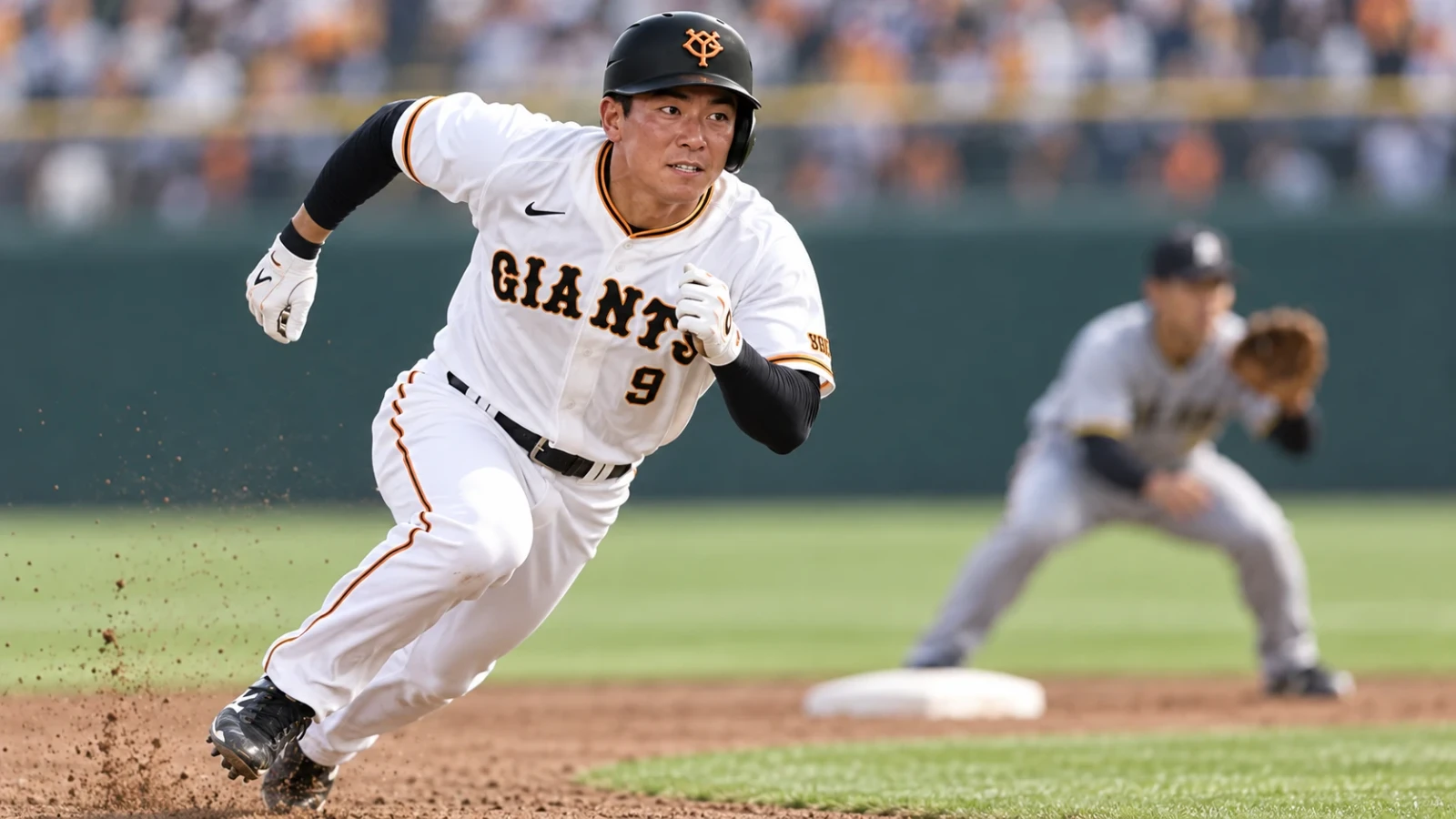 白いユニフォームの野球選手が土煙を上げながら塁間を走っている