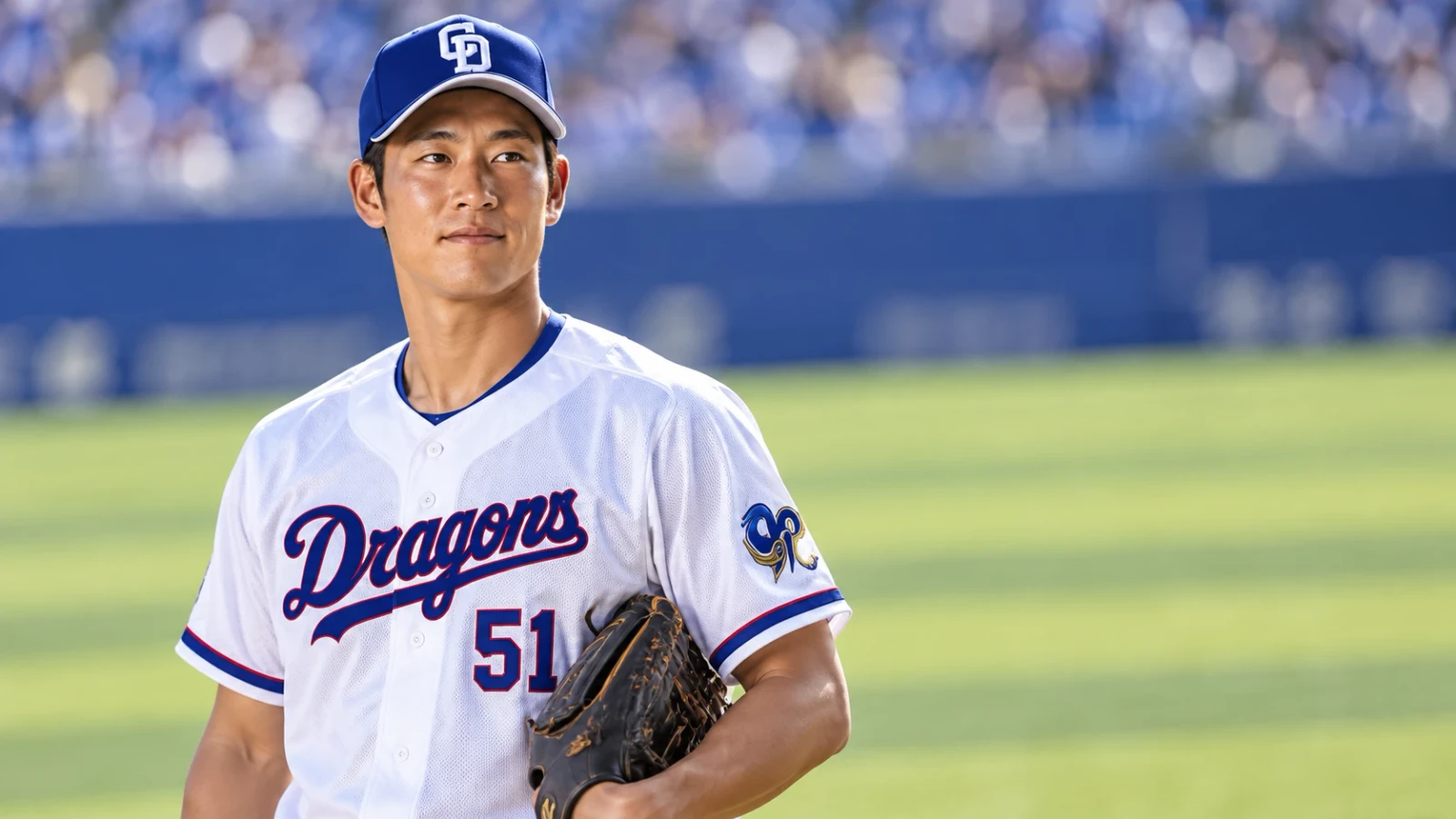 白い野球ユニフォームと青い帽子の選手がグラウンドに立っている