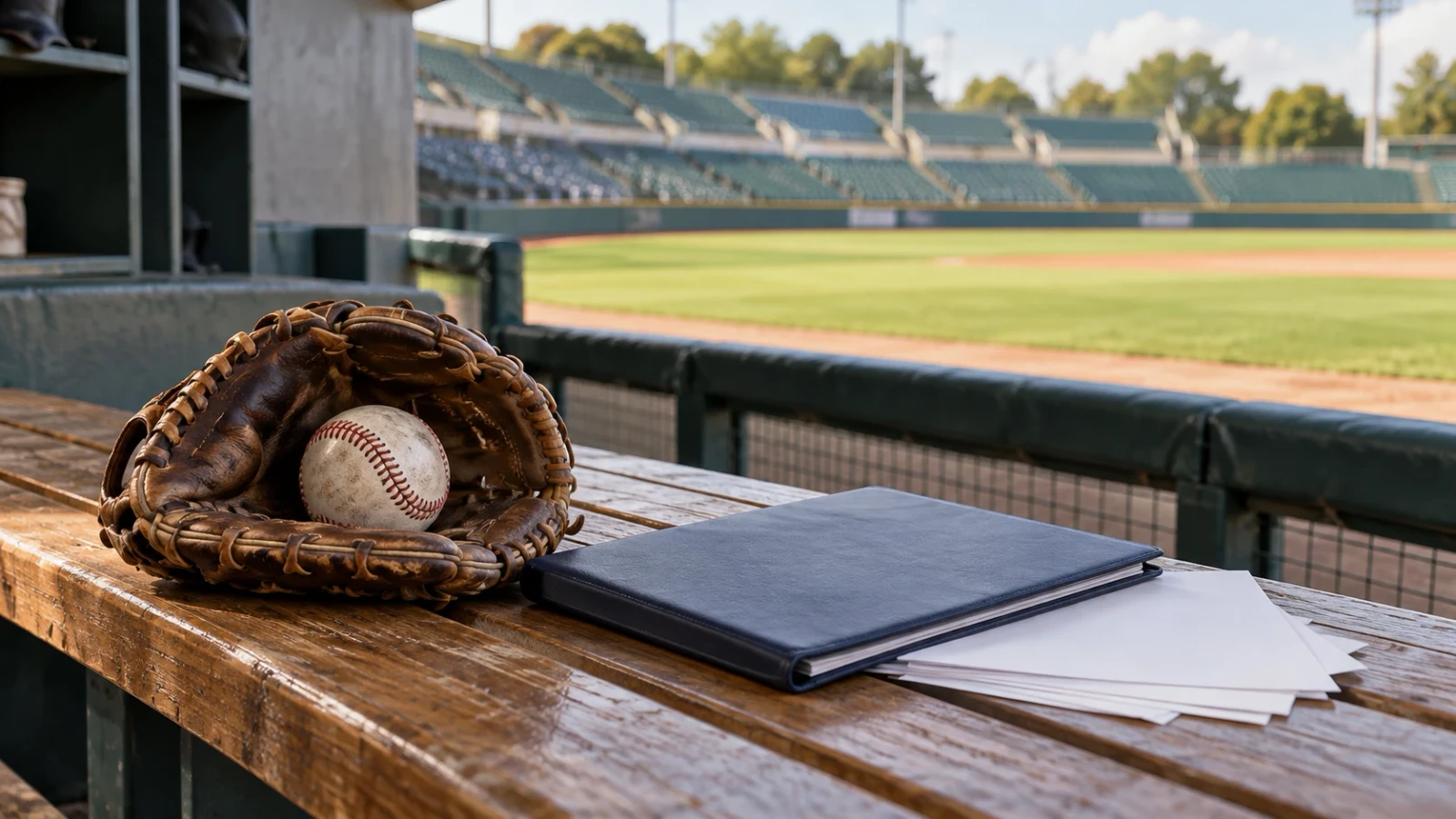 球場脇の木製ベンチに、グローブと野球ボール、ノートと書類が置かれている。