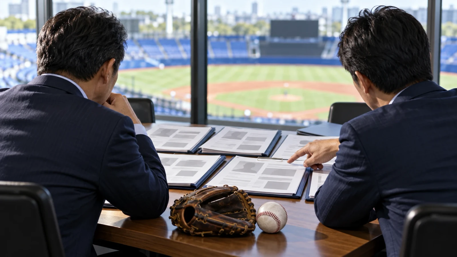 スーツ姿の男性2人が書類を見ながら指さし、机にはグローブとボール。窓の外に野球場が見える。