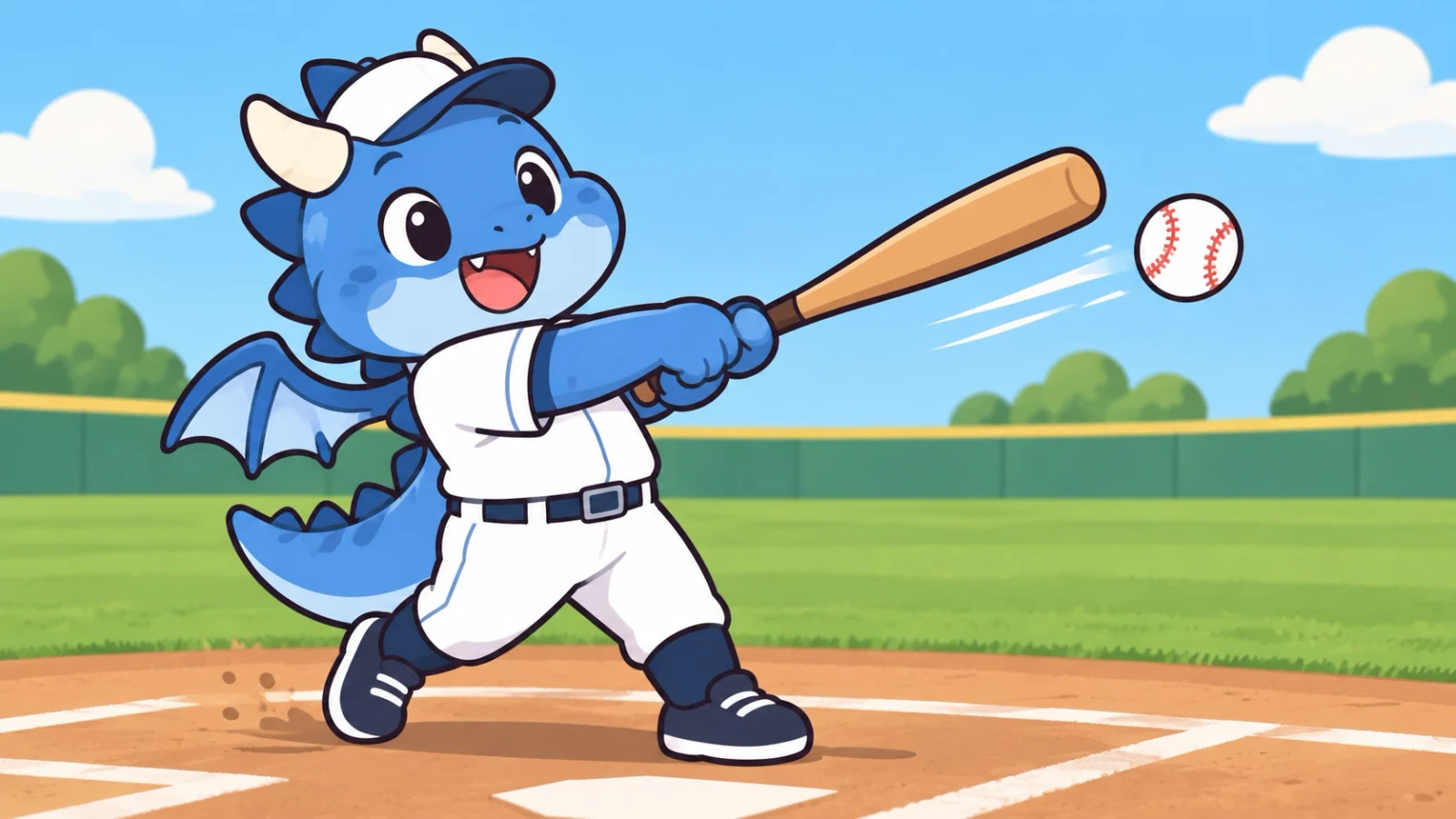 野球帽とユニフォーム姿の青い竜が、球場でバットを振って白球を打ち返すイラスト。