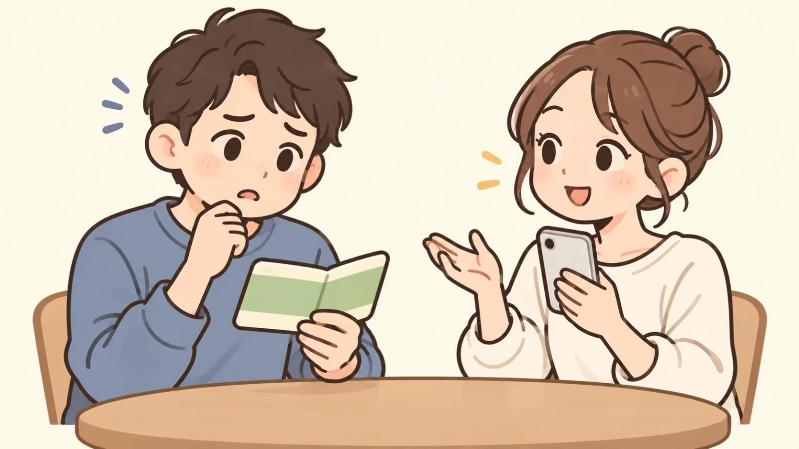 テーブル越しに、スマホを手に話す女性と本を見ながら考え込む男性のイラスト