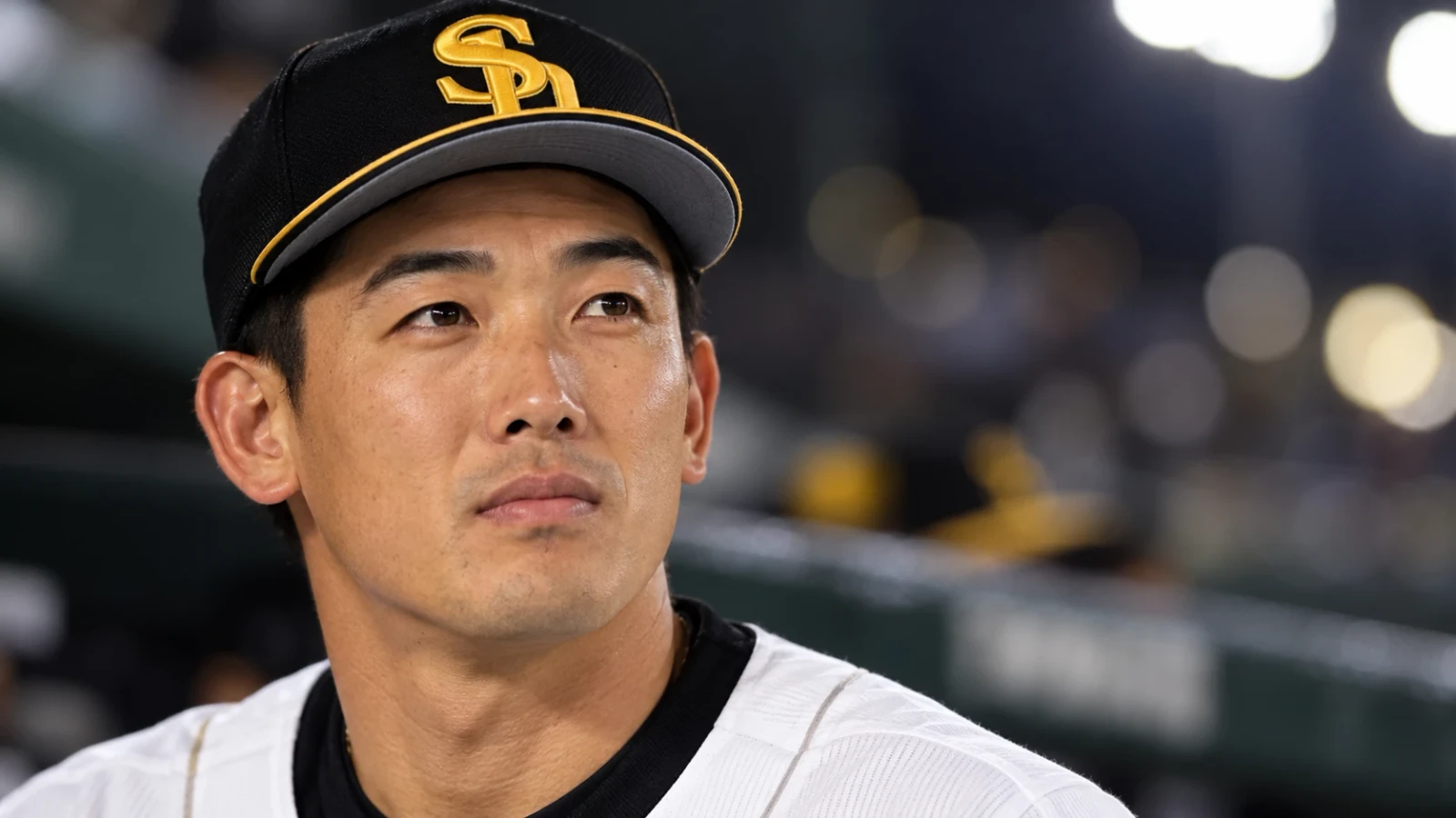 黒地に金色のロゴが入った帽子をかぶる野球選手の顔のアップ
