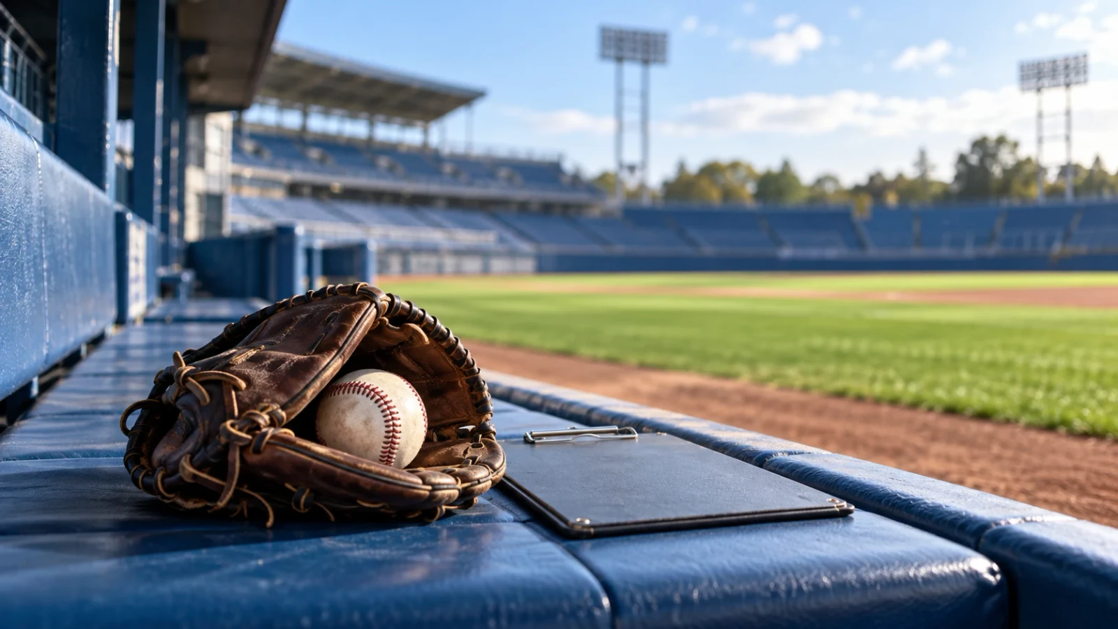 青いベンチに置かれた野球グローブとボール、奥に広がる無人の球場