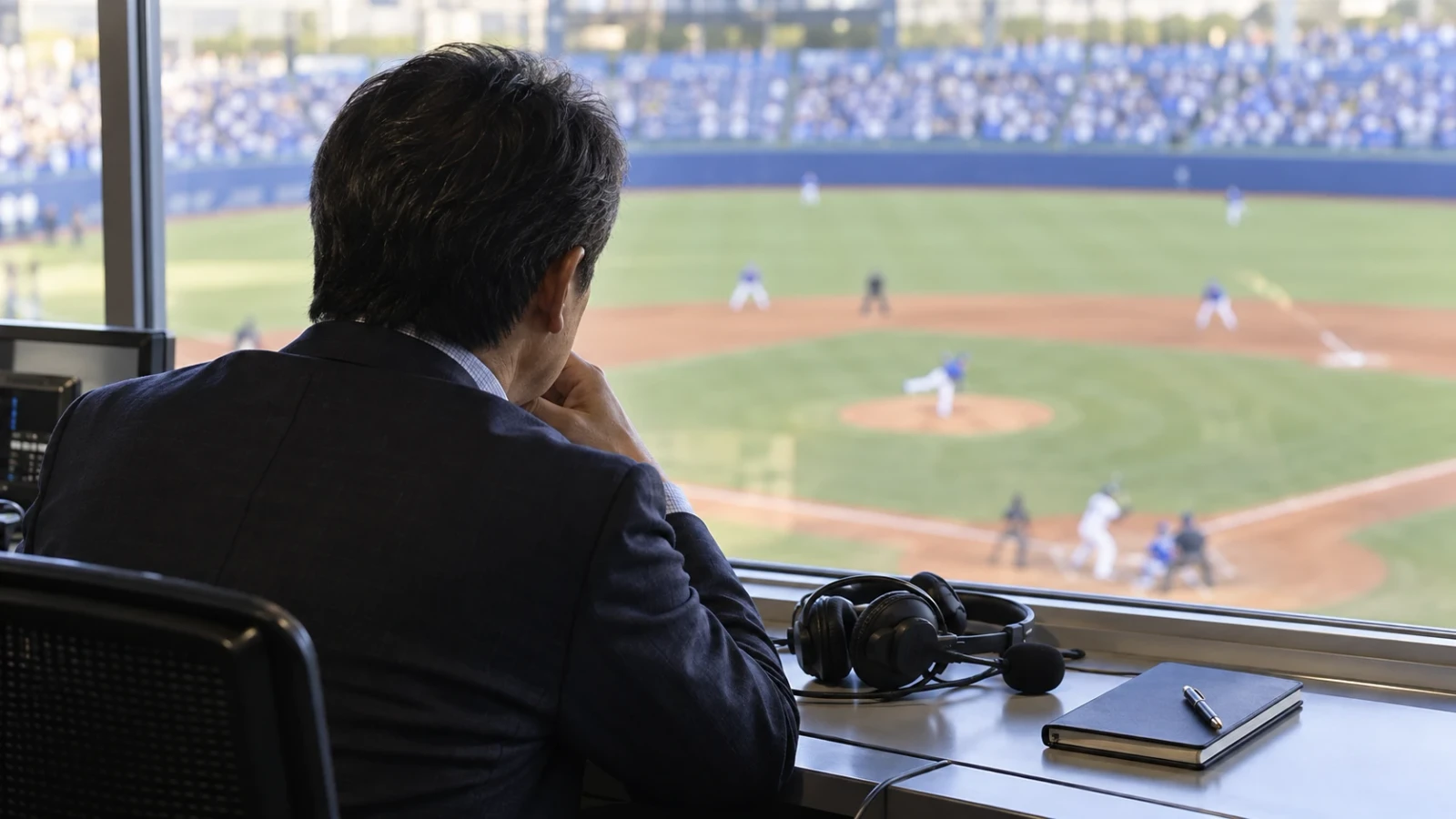 球場を見下ろす席で、ヘッドセットやノートを前に試合を見つめるスーツ姿の男性