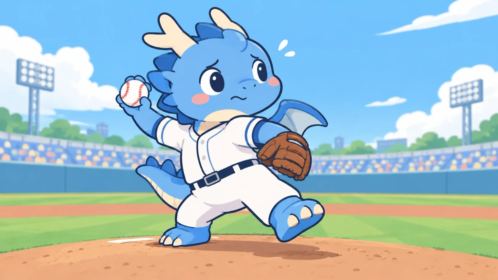 青い竜のキャラクターが野球場でボールを投げようと構えるイラスト