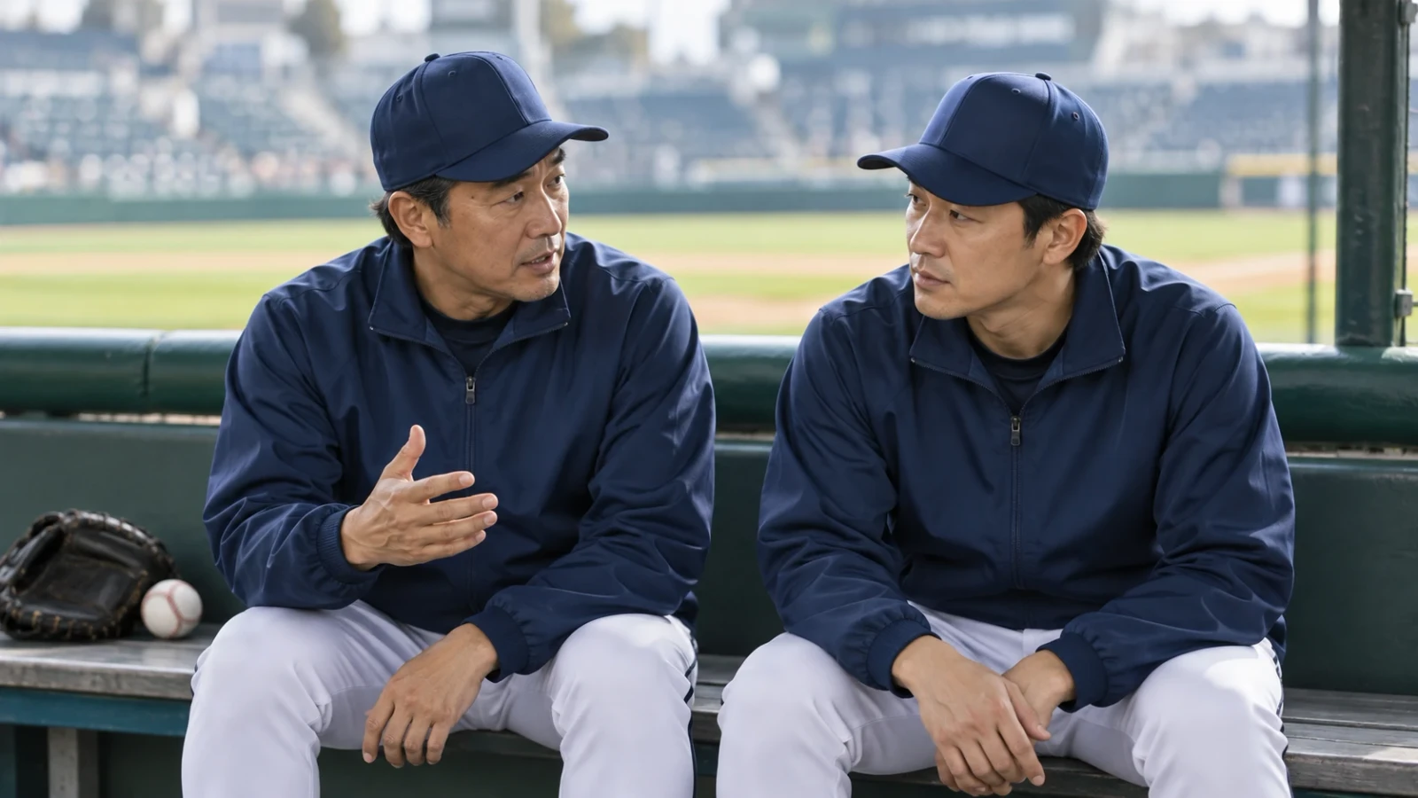 野球場のベンチで、紺色の練習着姿の男性2人が向き合って話している。