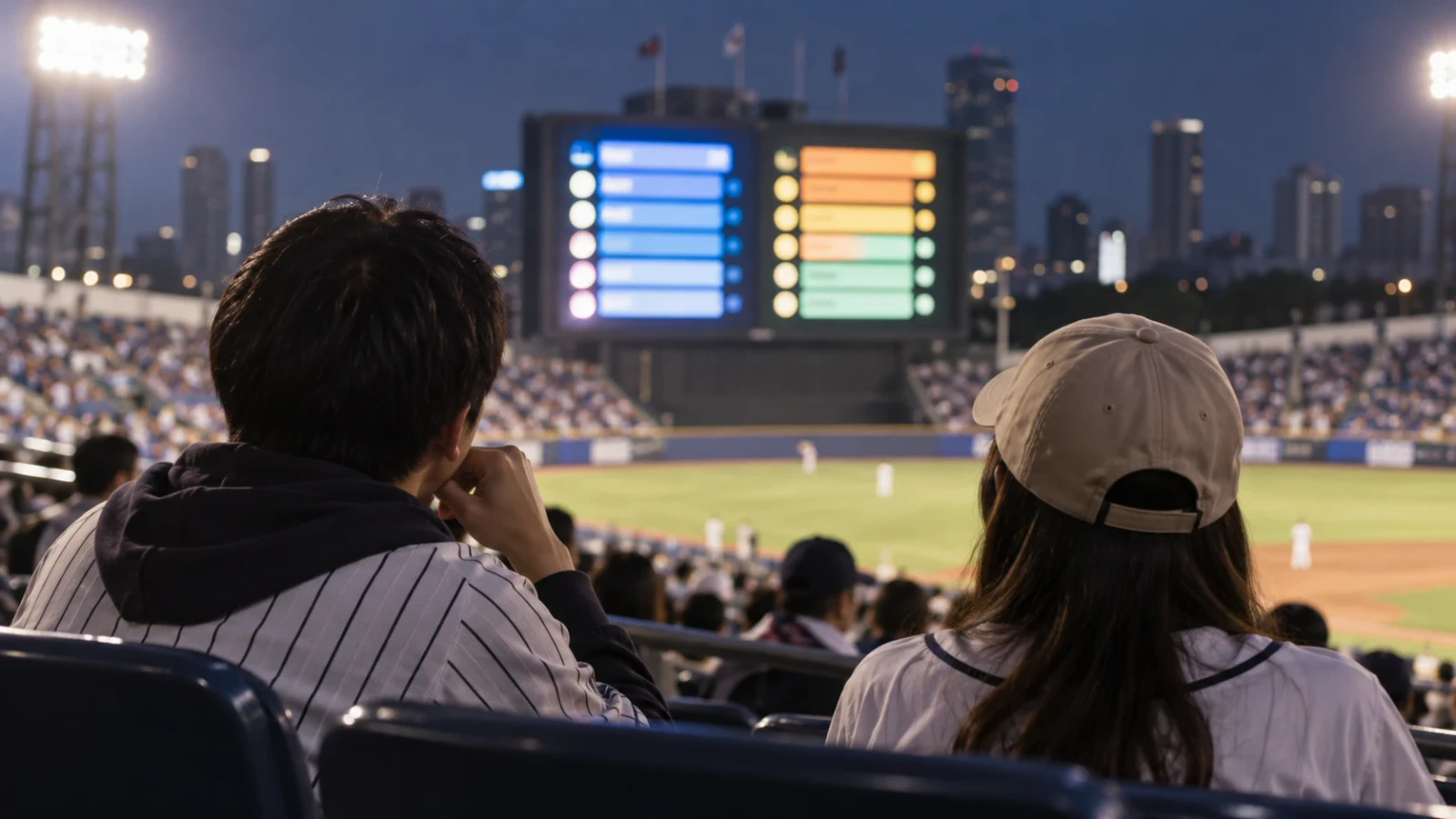 夜の球場でスコアボードを見つめる観客二人の後ろ姿