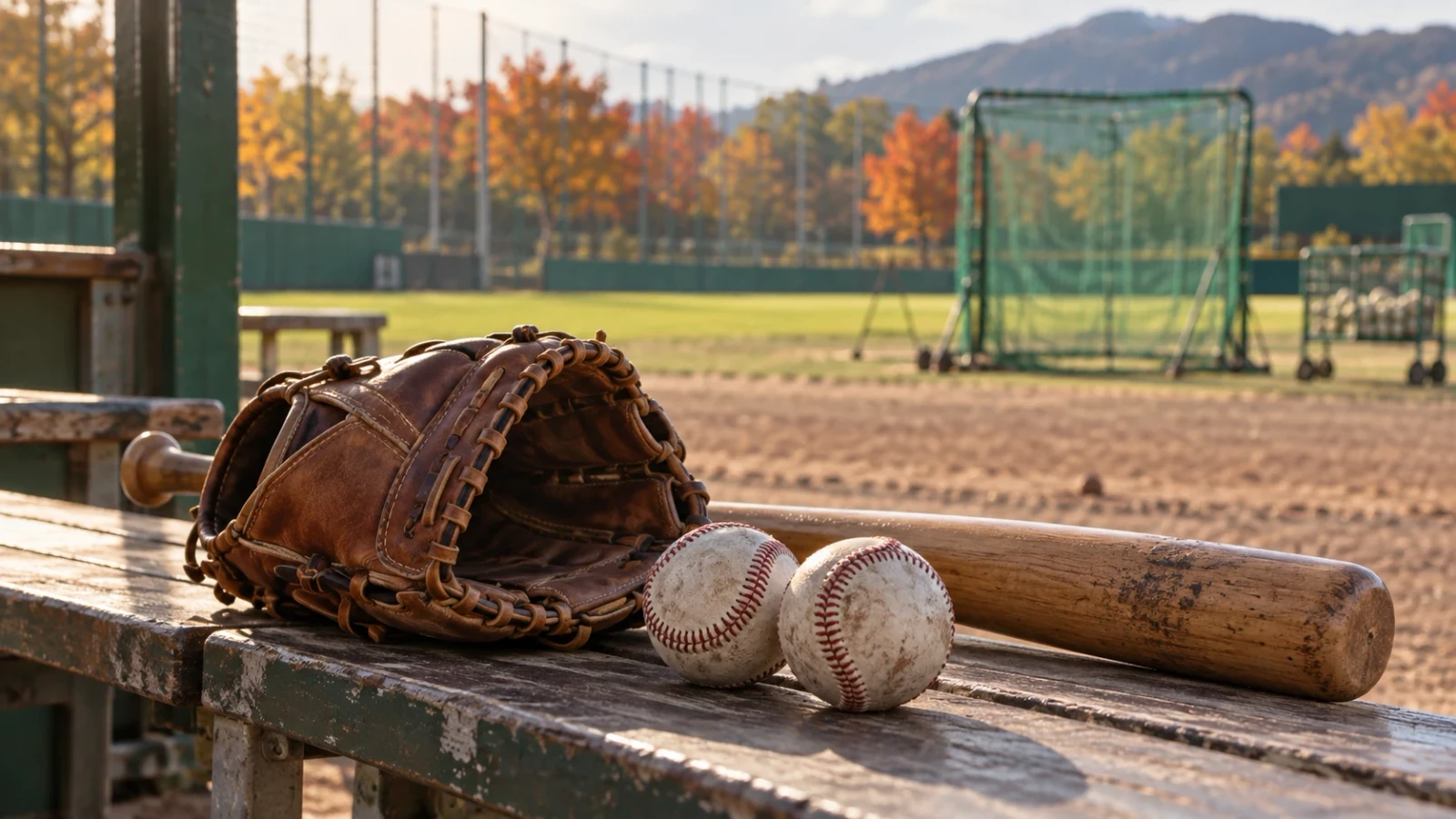 秋色の木々を背にした野球場で、ベンチに置かれたグラブとバット、2個のボール