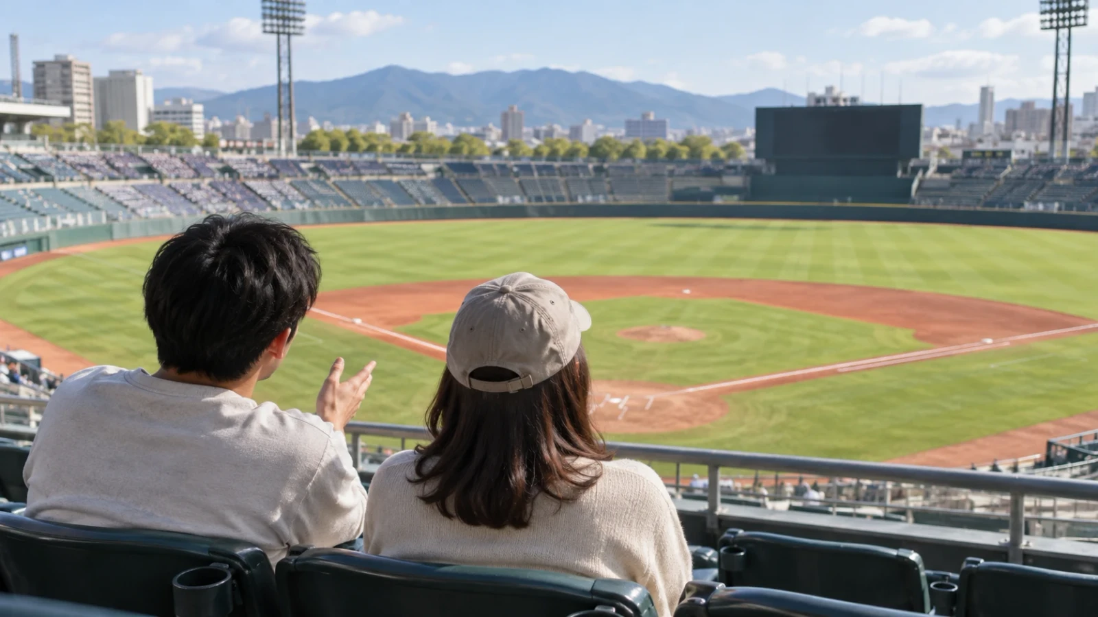 客席から、帽子をかぶった女性と隣の男性が晴れた野球場を眺める後ろ姿。