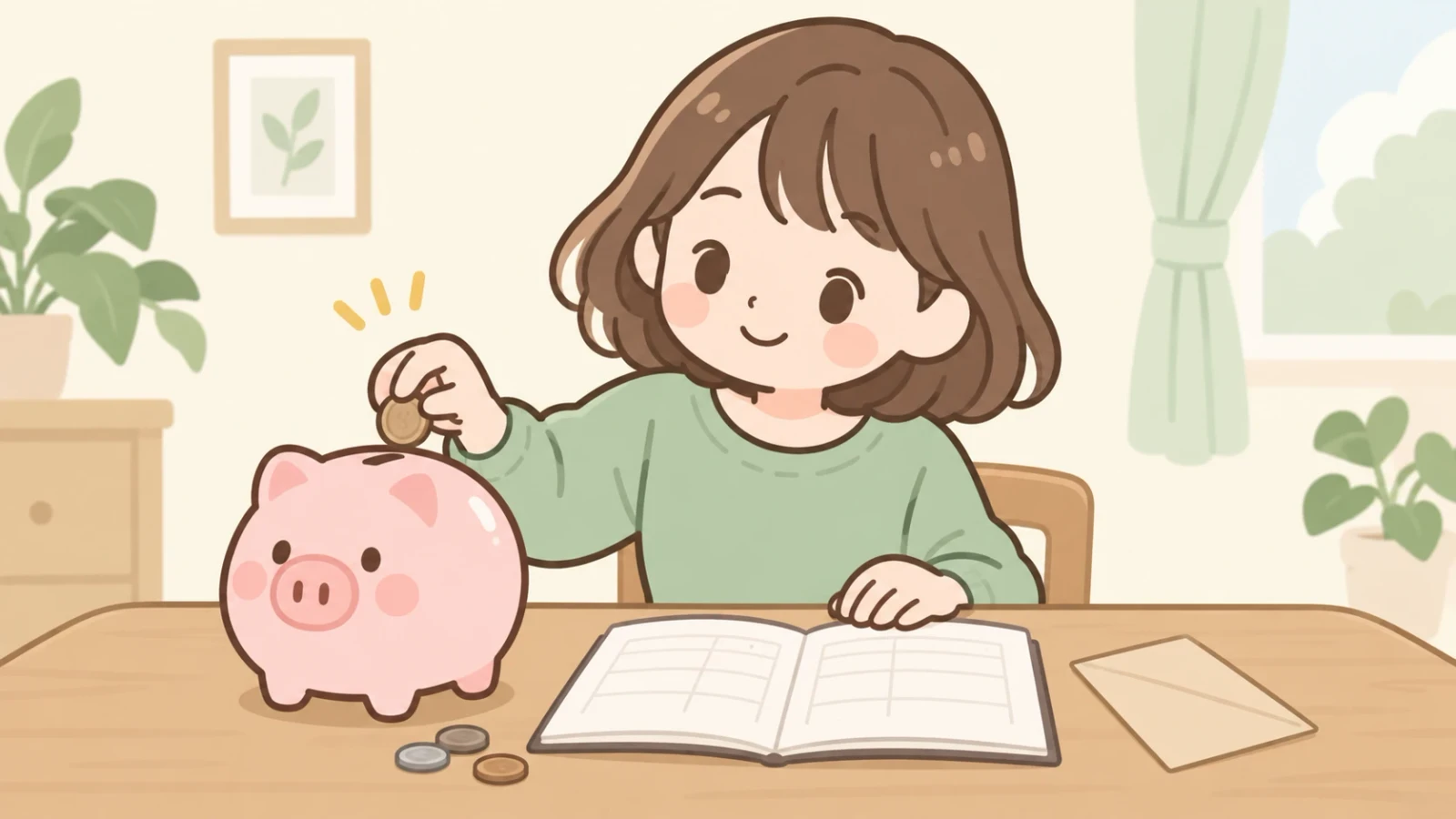 女の子が机で家計簿を開き、ピンクの豚の貯金箱にコインを入れているイラスト。