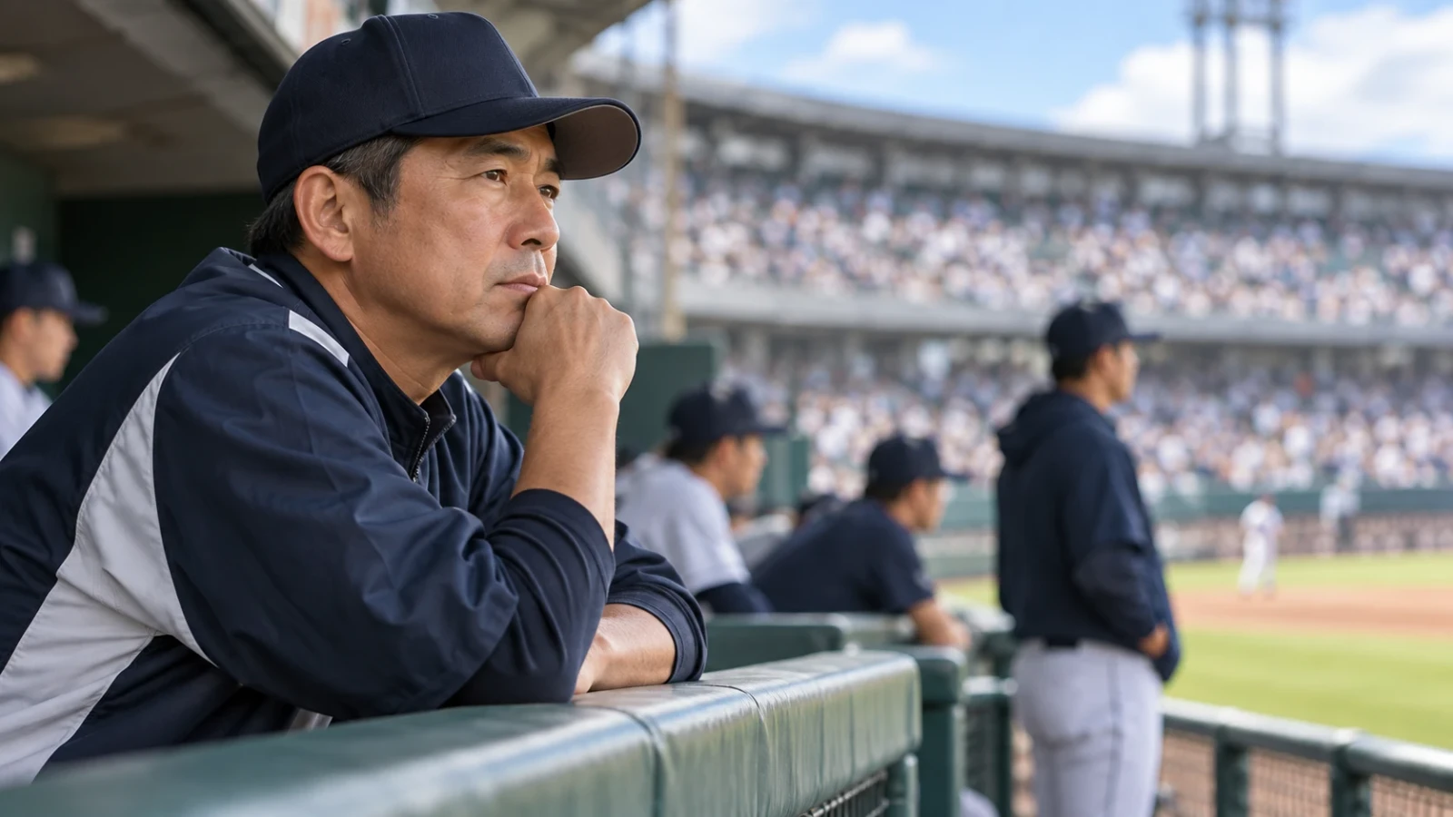 野球場のベンチで頬杖をつき、試合を見つめる男性
