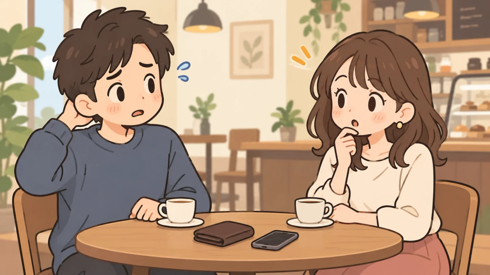 カフェのテーブルを挟み、困った表情の男性と考え込む女性が向かい合う。