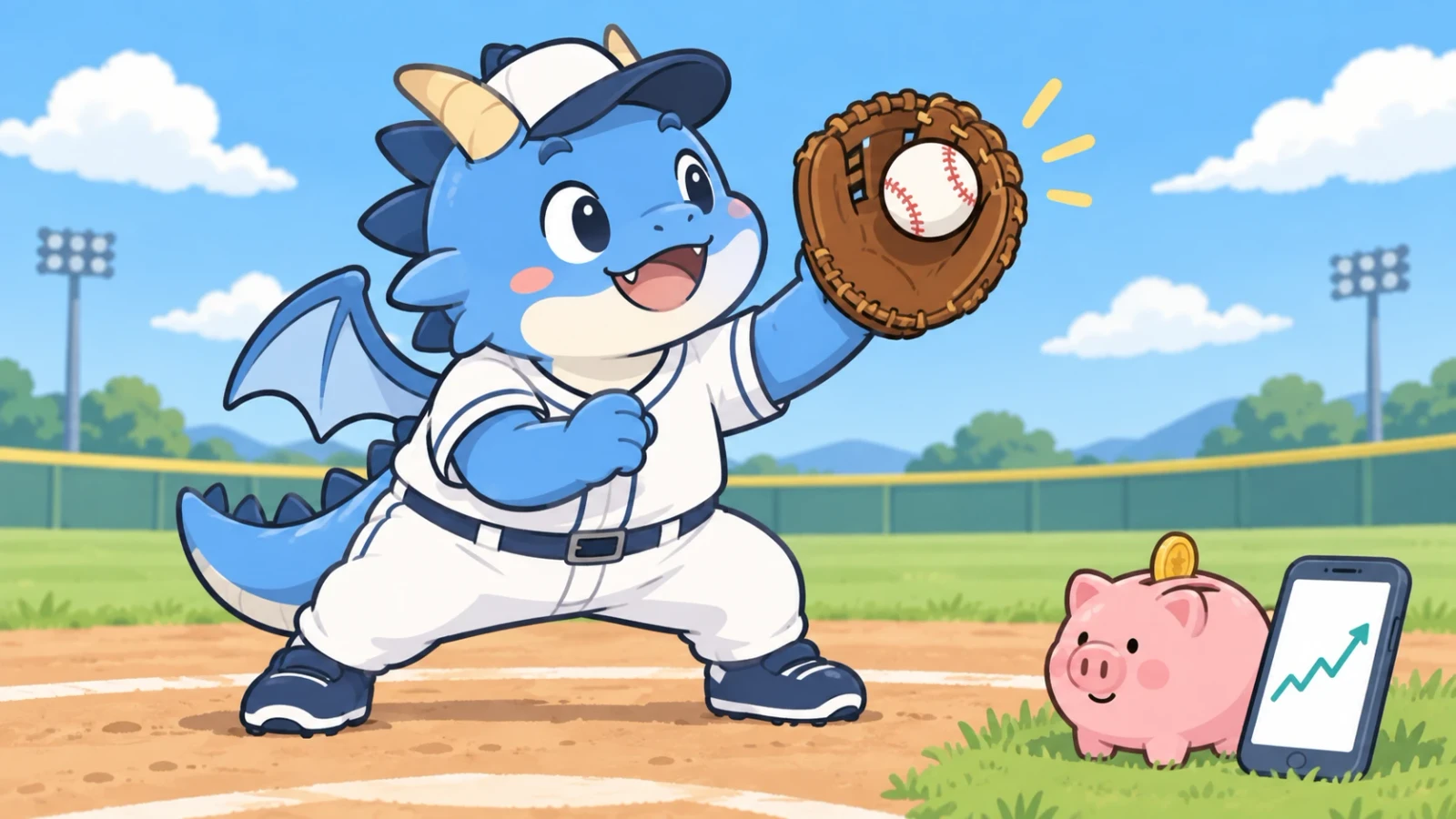 野球場でグローブを掲げる青い竜と、貯金箱、上昇グラフを表示したスマートフォンのイラスト