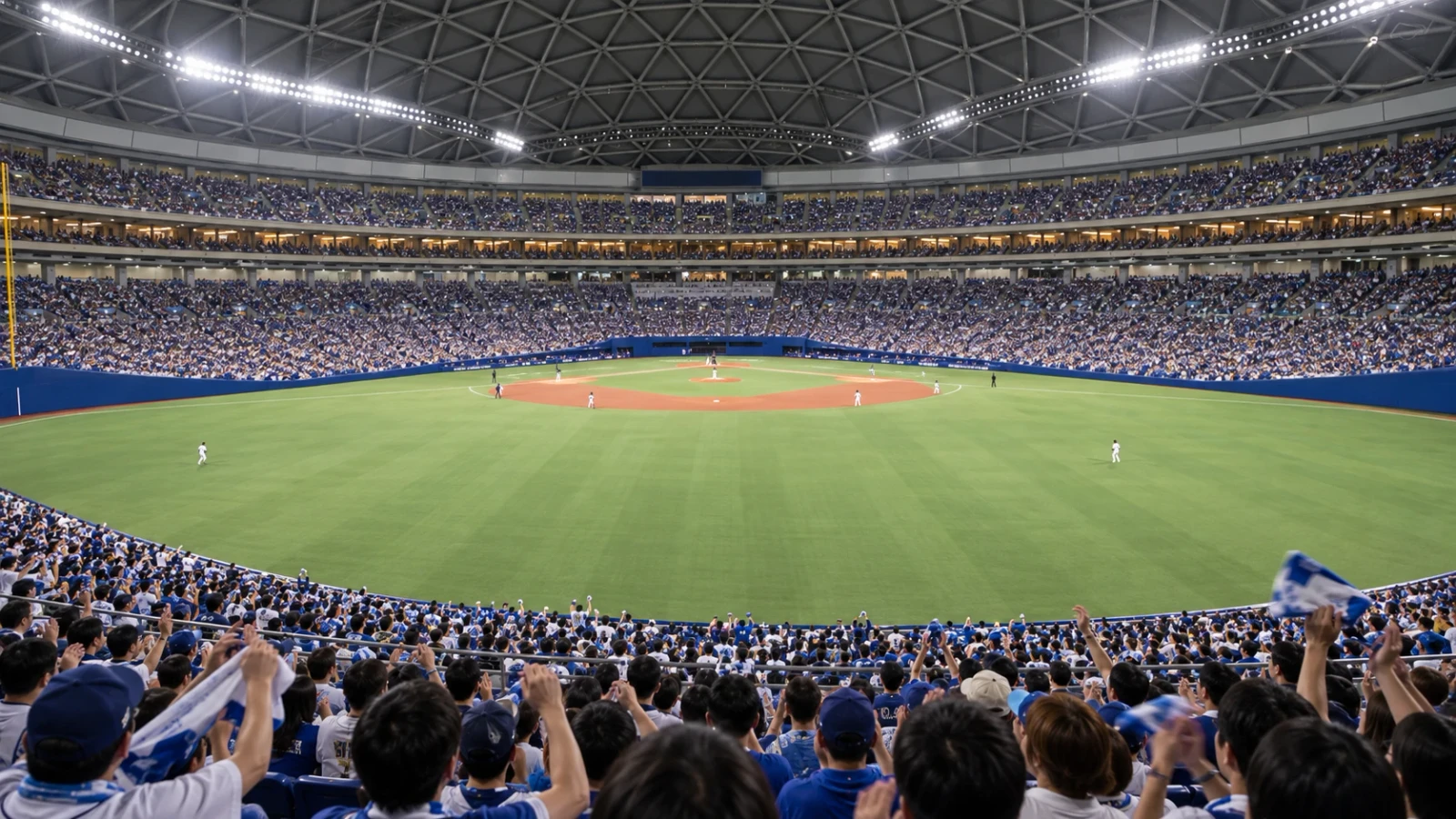 青い応援グッズを掲げる観客で埋まった屋内野球場とグラウンド