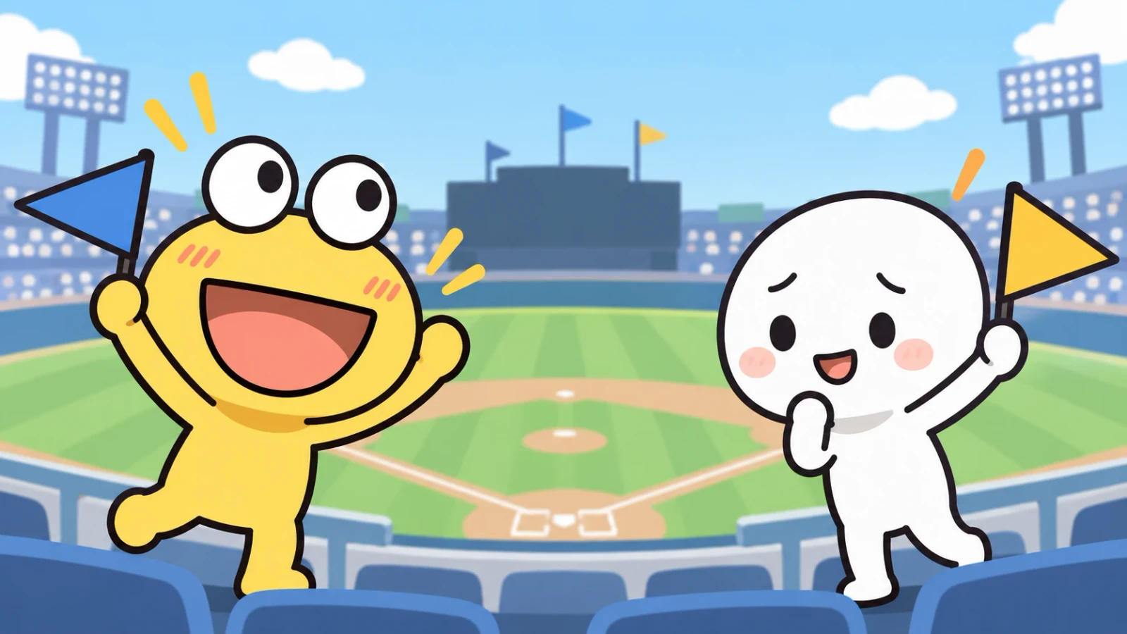 野球場の客席前で、旗を持つ黄色と白のキャラクターが応援するイラスト