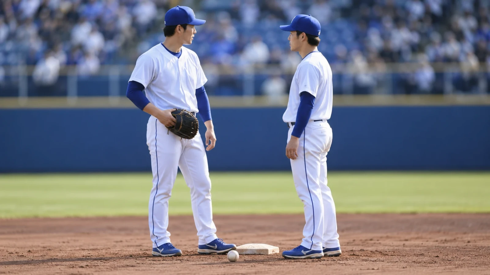 青い帽子と白いユニフォームの選手2人がベース付近で話している