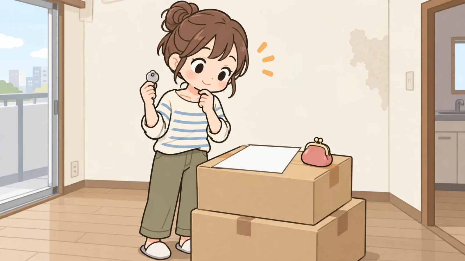 段ボール箱の前で小物を手にする女性と、箱の上の紙やがま口財布