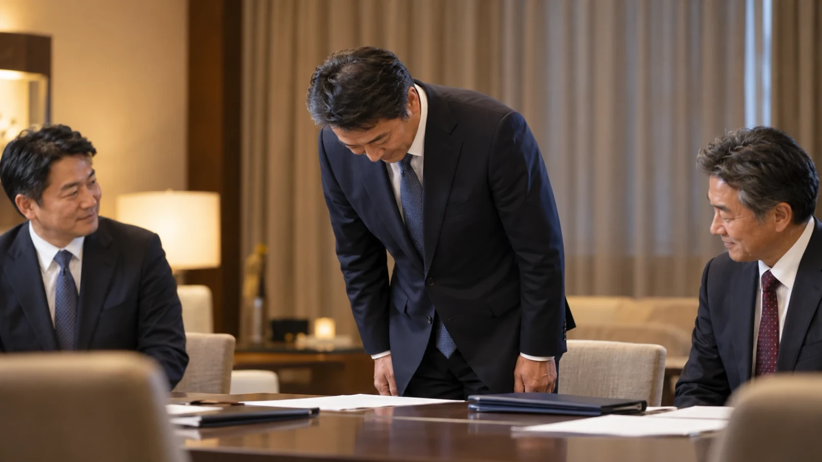 会議室で中央のスーツ姿の男性がテーブルに向かって頭を下げ、左右の男性が見守る